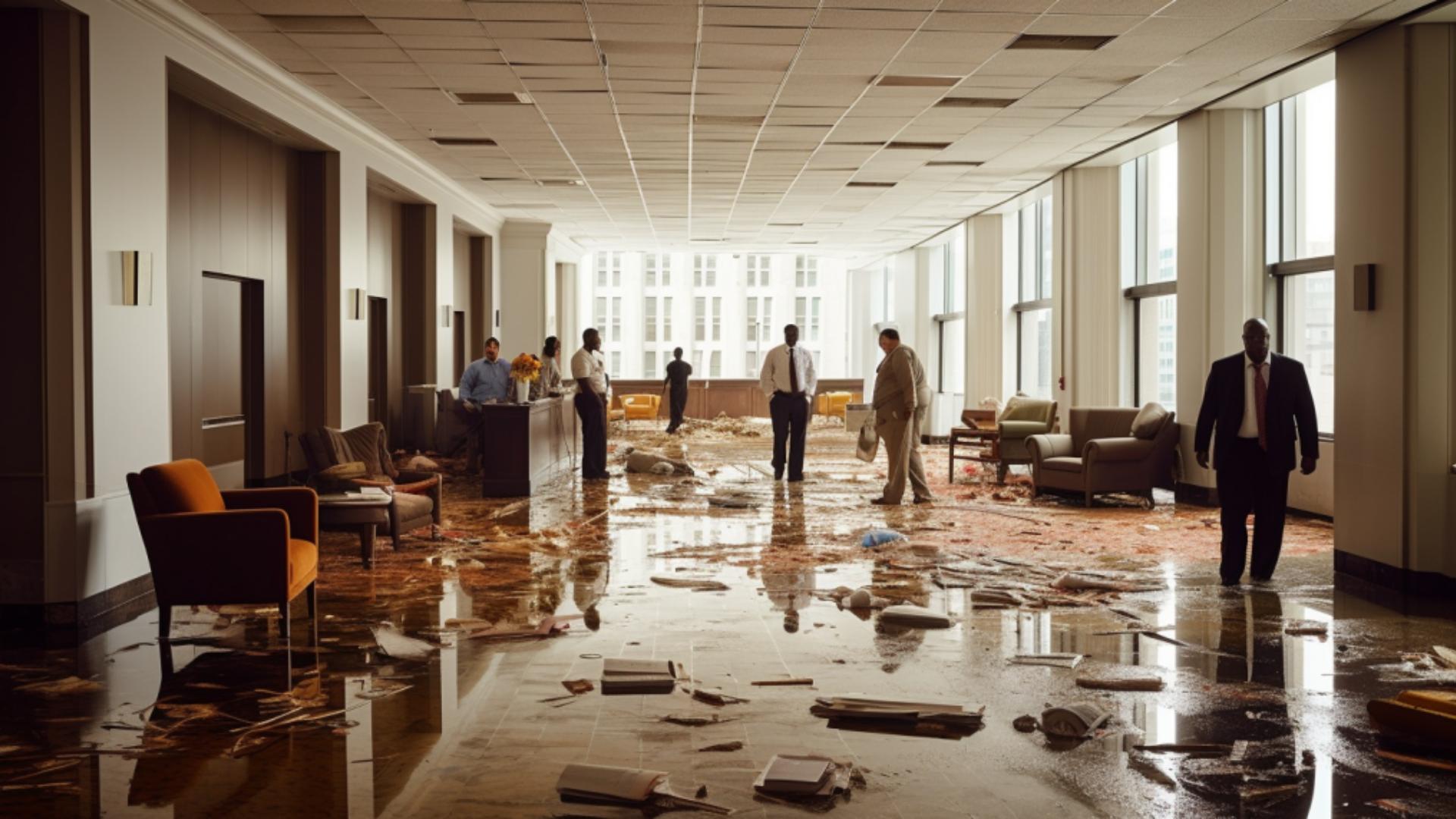 An office building with a broken pipe causing water to flood the entire floor.