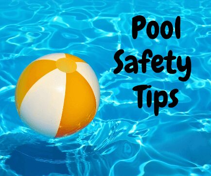 A beach ball floats in a clear pool with 'Pool Safety Tips' text.