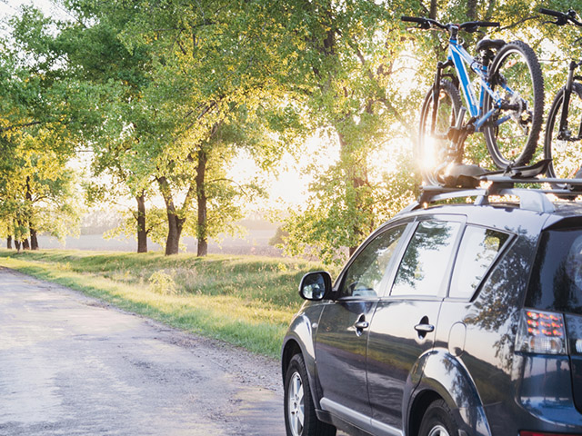A car with a bike on its roof rack is parked on a sunlit country road - https://brancoinsurancegroup.com/