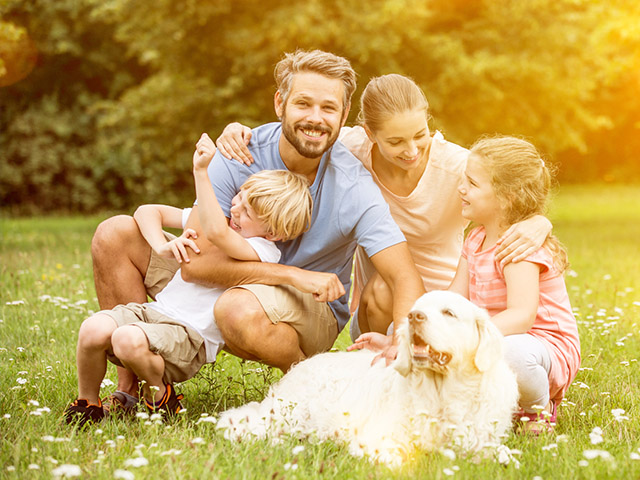 A joyful family of four, with a dog, sits on grass in a sunlit park - https://brancoinsurancegroup.com/
