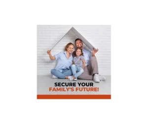 An insurance promotional graphic for Branco Insurance Group in Naugatuck, Connecticut, depicting a smiling family of three—a mother, father, and young daughter—sitting happily on the floor against a white painted brick wall while holding a white peaked roof shape over their heads to symbolize shelter and protection. Below them, prominent bold text reads, "SECURE YOUR FAMILY'S FUTURE!" with "SECURE YOUR" printed in black and "FAMILY'S FUTURE!" highlighted in orange above a solid orange horizontal bar, emphasizing the value of reliable homeowners insurance and comprehensive coverage. - brancoinsurancegroup.com