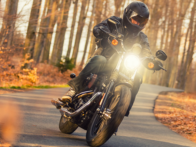 A person riding a motorcycle along a winding road surrounded by dense trees in a wooded area